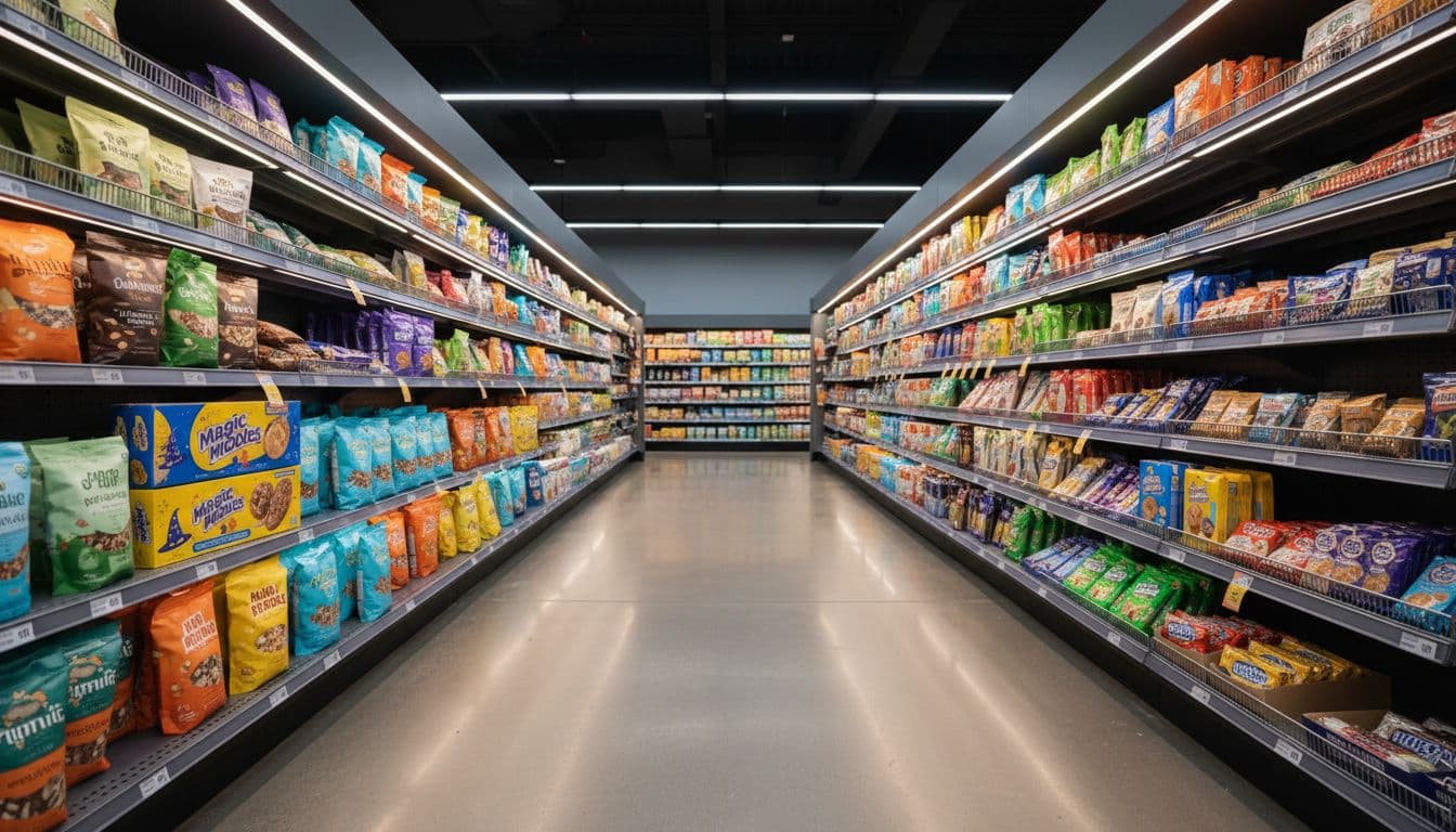 Modern grocery store shelf with stack of bright Magic Middles cookies boxes among other snacks, soft lighting.