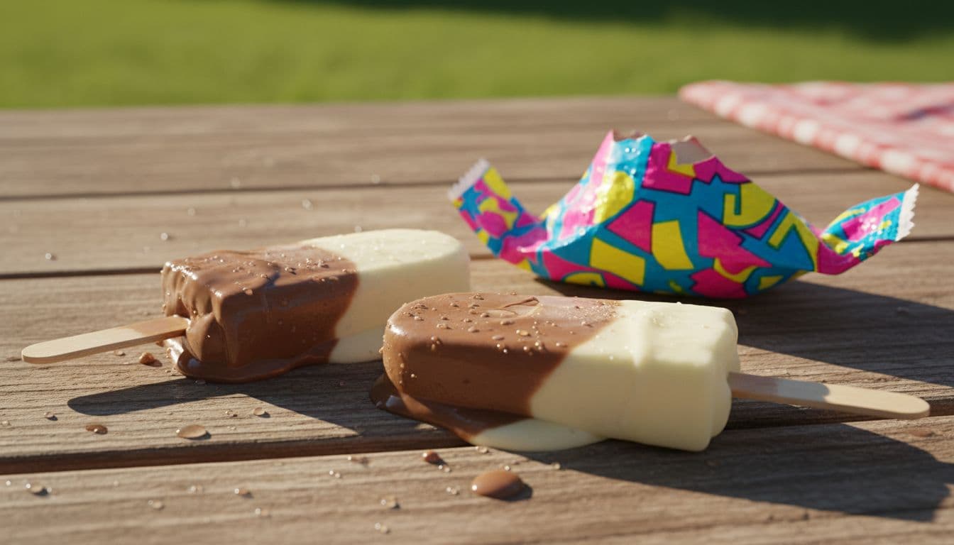 Close-up of two chocolate and vanilla swirl pudding pops on sticks, slightly melting on a picnic table with condensation under sunlight.