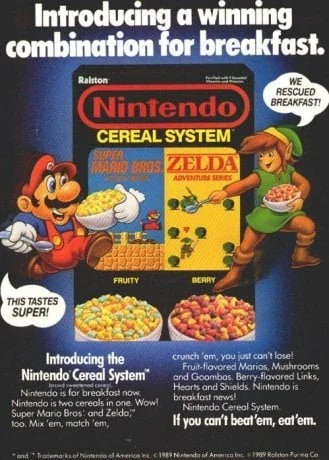 vintage ad for nintendo cereal system showing Mario and Zelda with two different flavored cereals in one box.