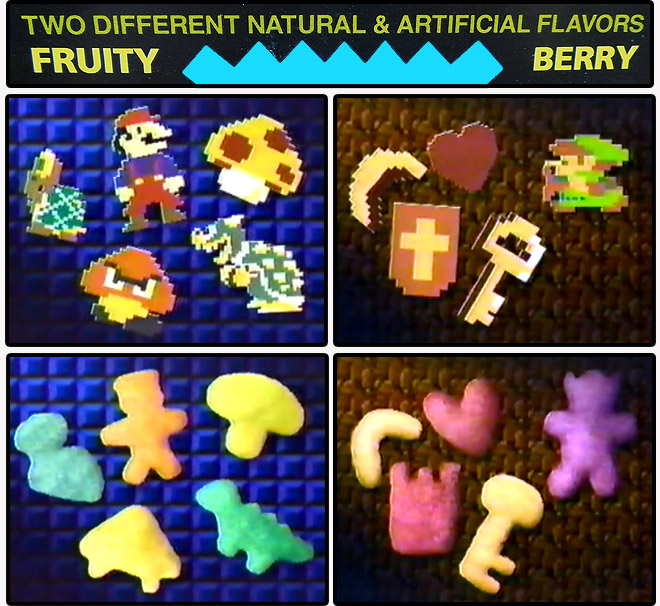 nintendo system cereal tv ad showing the different characters and the cereal look alikes
