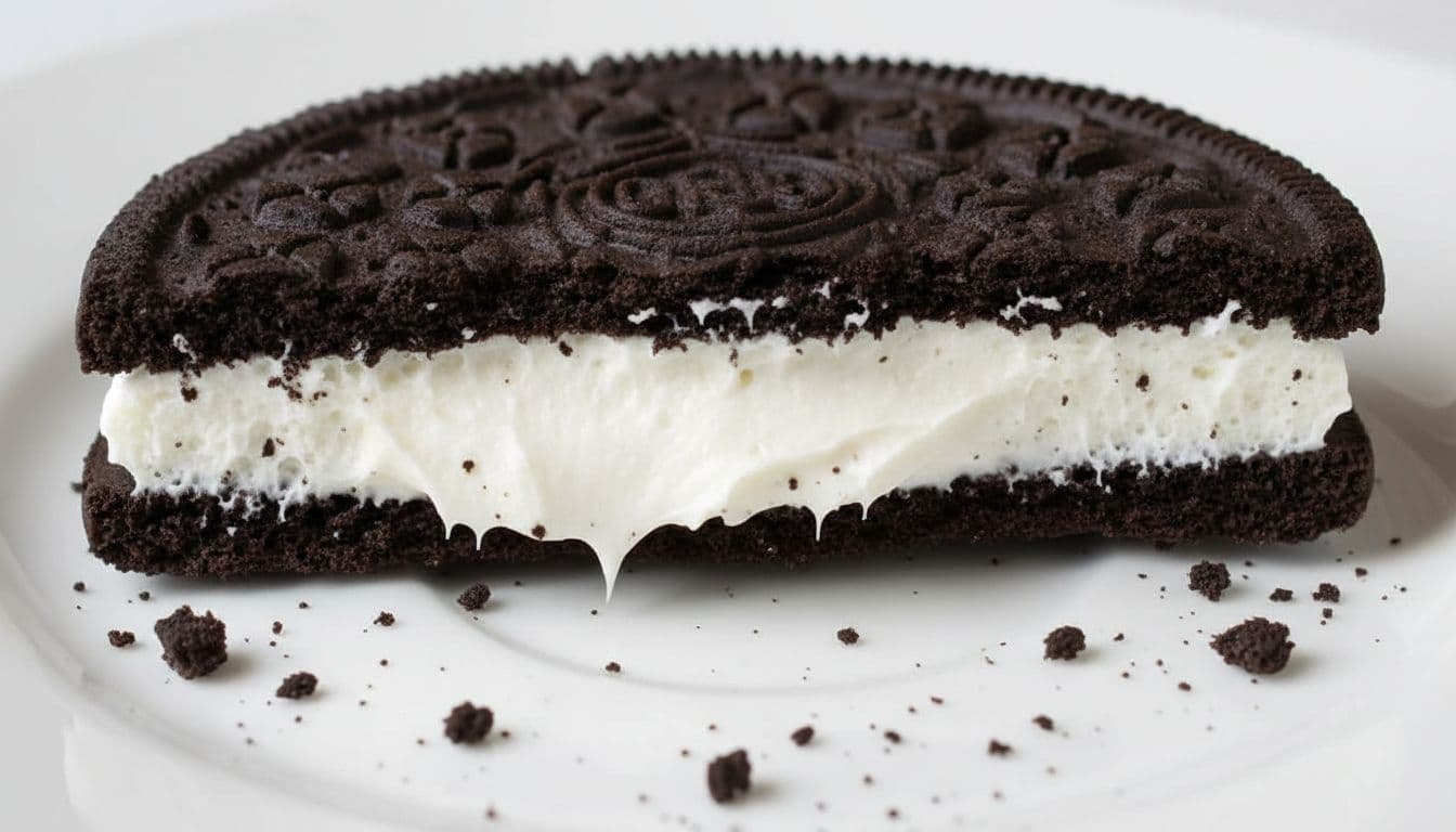Single Oreo Big Stuf cookie split open lengthwise with thick white creme filling between oversized dark chocolate wafers on white plate, crumbs scattered.