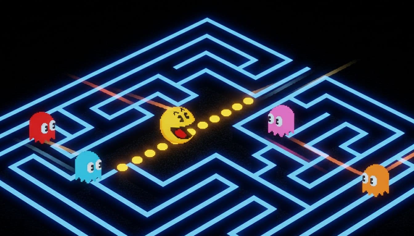 Yellow Pac-Man eats glowing dots while turning a corner in twisting maze, chased by red, pink, blue, and orange ghosts.