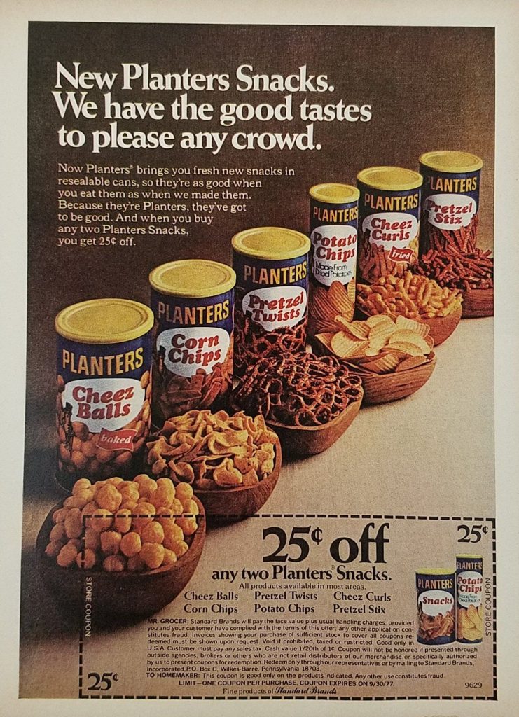 planters cheez balls 80s vintage ad with pretzel twists, pretzel stix, potato chips, chez curls, and corn chips