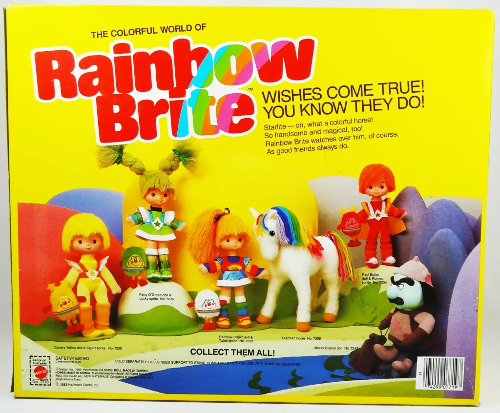 The back of Rainbow Brite Doll box showing all of the vintage 80s characters to collect