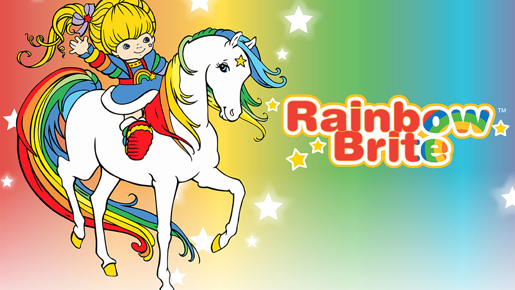 Rainbow brite doll cartoon figure on a cartoon 80s rainbow horse