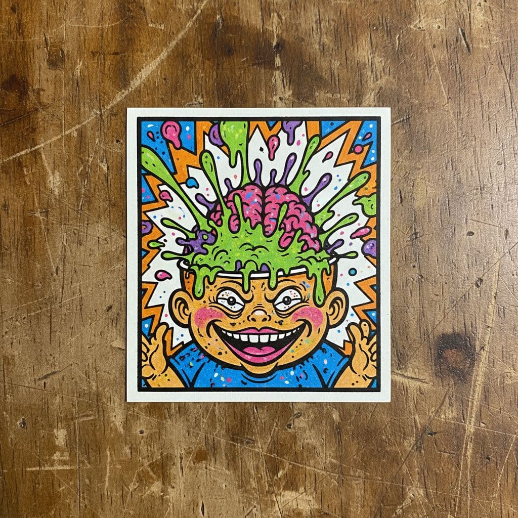 Closeup of 1980s parody trading card showing cartoon kid with exploding head slime and guts on worn table.