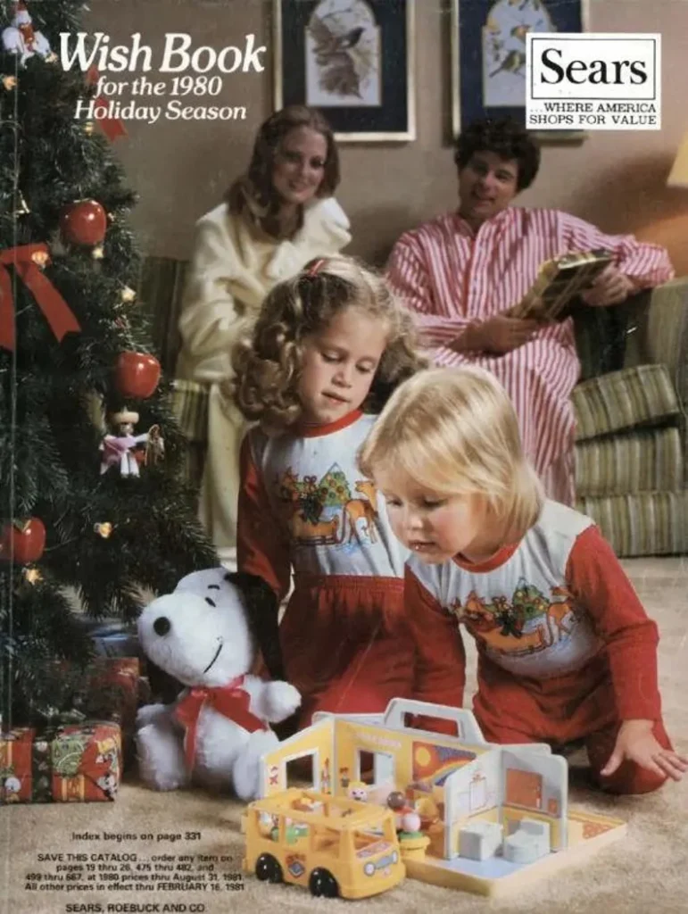 The cover of a Sears wish book from 1980 with kids under the christmas tree with snoopy and a toy house.