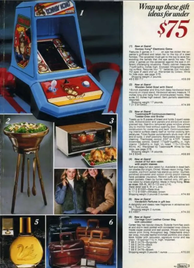 a sears wish book 1980 page featuring a toaster oven, Donkey Kong tableop game, luggage, and more.