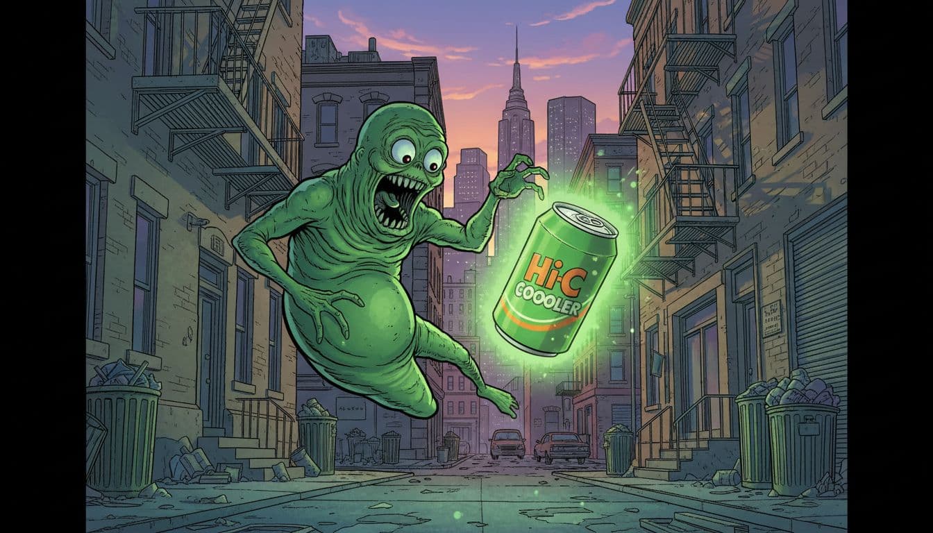 Slimer floats near neon green Ecto Cooler can on 1980s New York street with skyline.