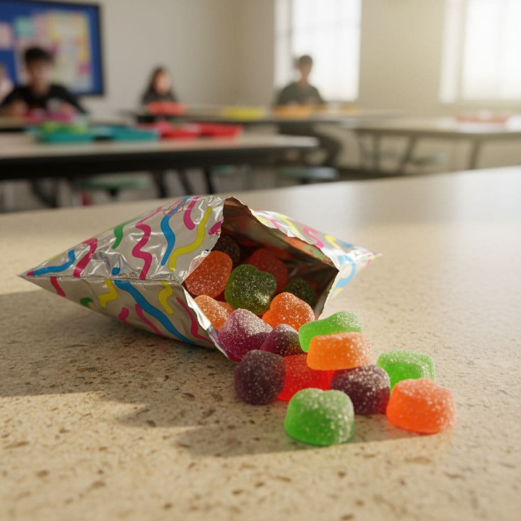 A partially opened vintage foil pouch spills colorful fruit-shaped gummy snacks onto a school cafeteria table.
