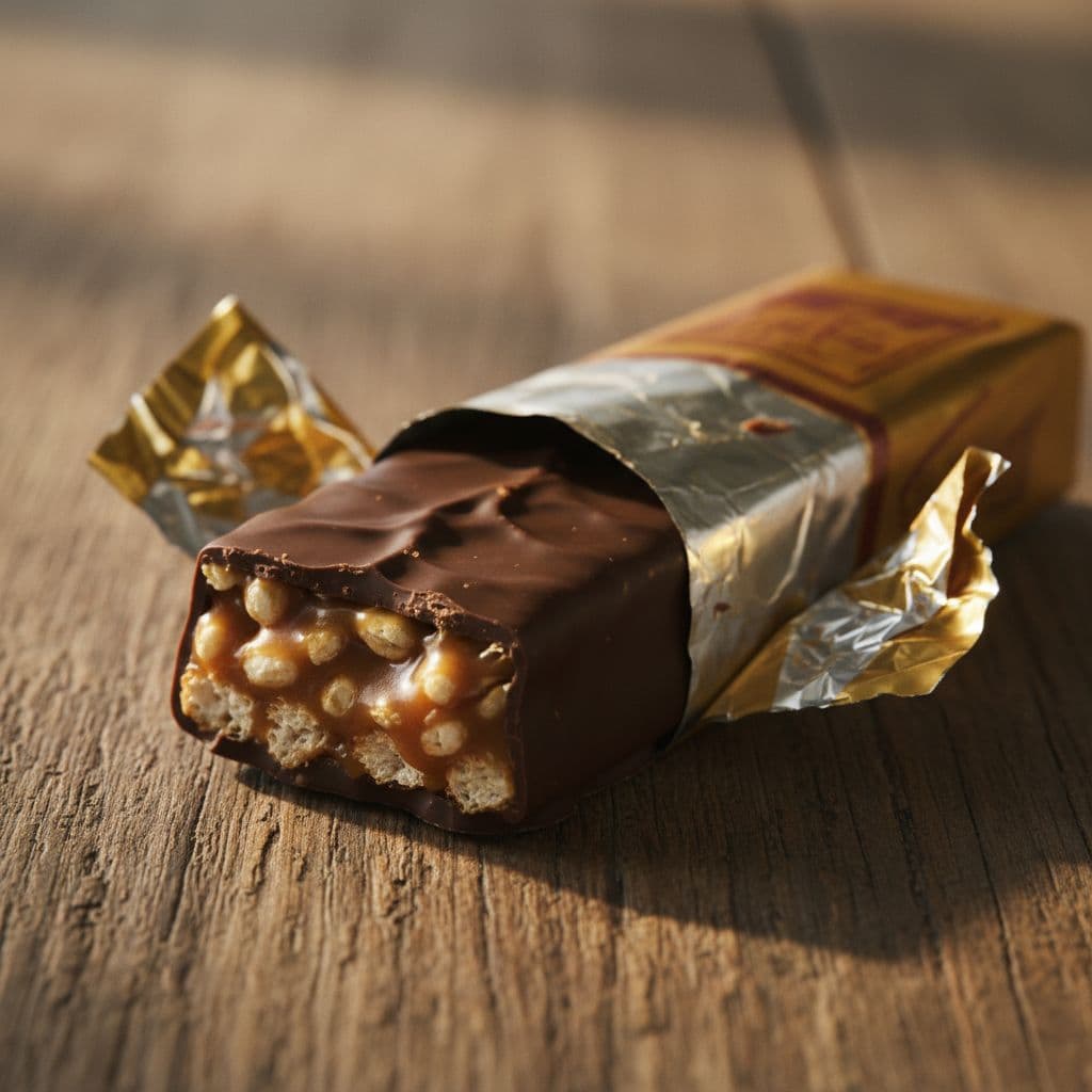 A partially unwrapped chocolate bar with visible caramel and rice crisp layers rests on a rustic wooden table.