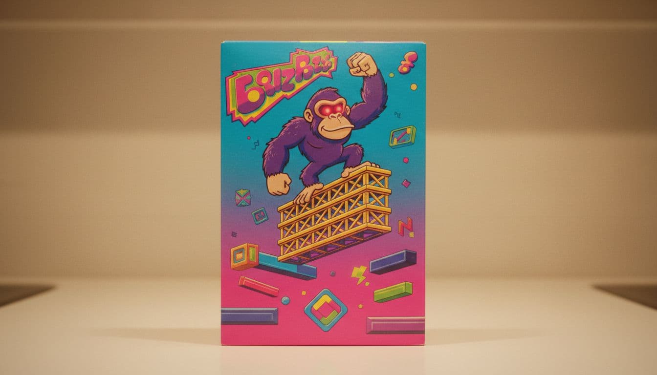 A colorful retro cereal box featuring a cartoon ape on steel girders sits on a kitchen counter.