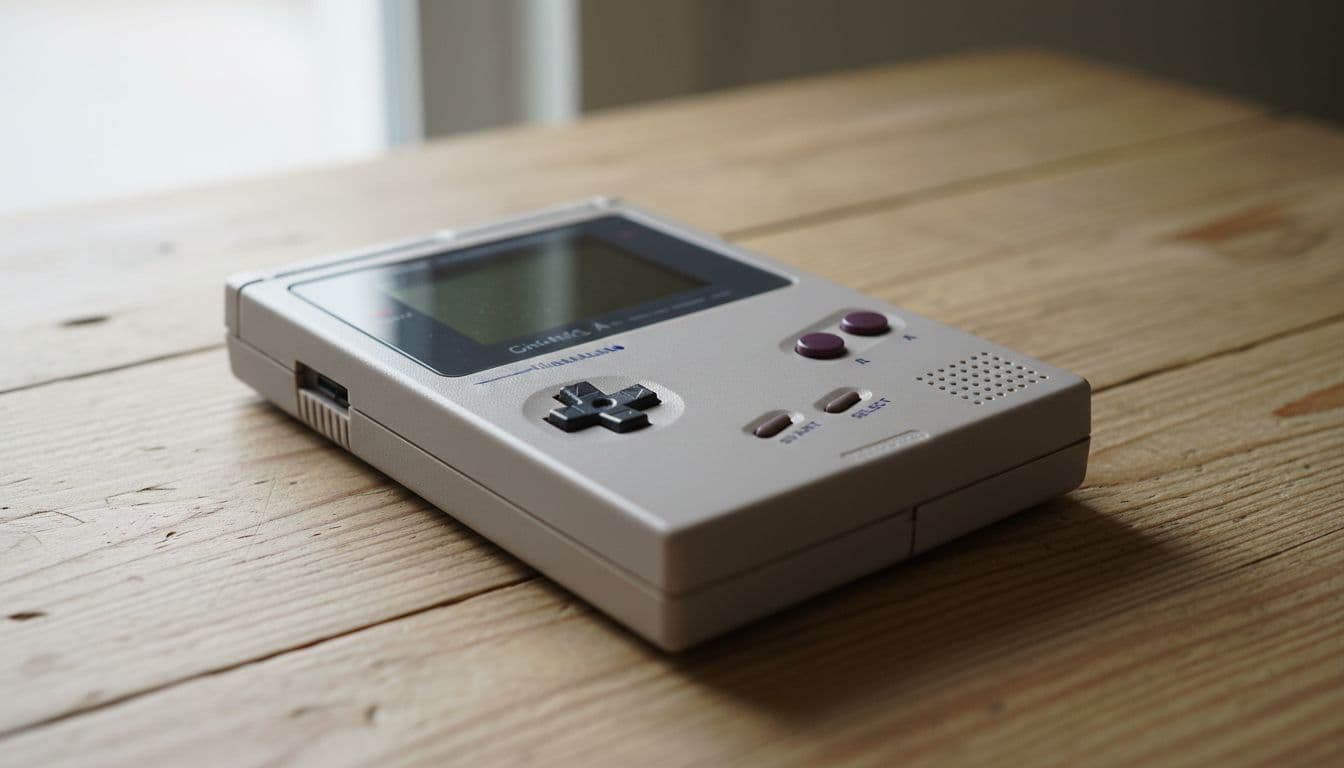 A classic grey handheld gaming console sits on a textured wooden table in soft natural light.