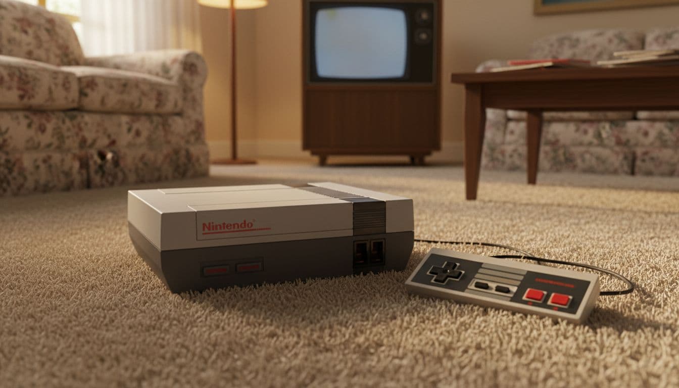 A classic gray game console and controller rest on a beige living room carpet.