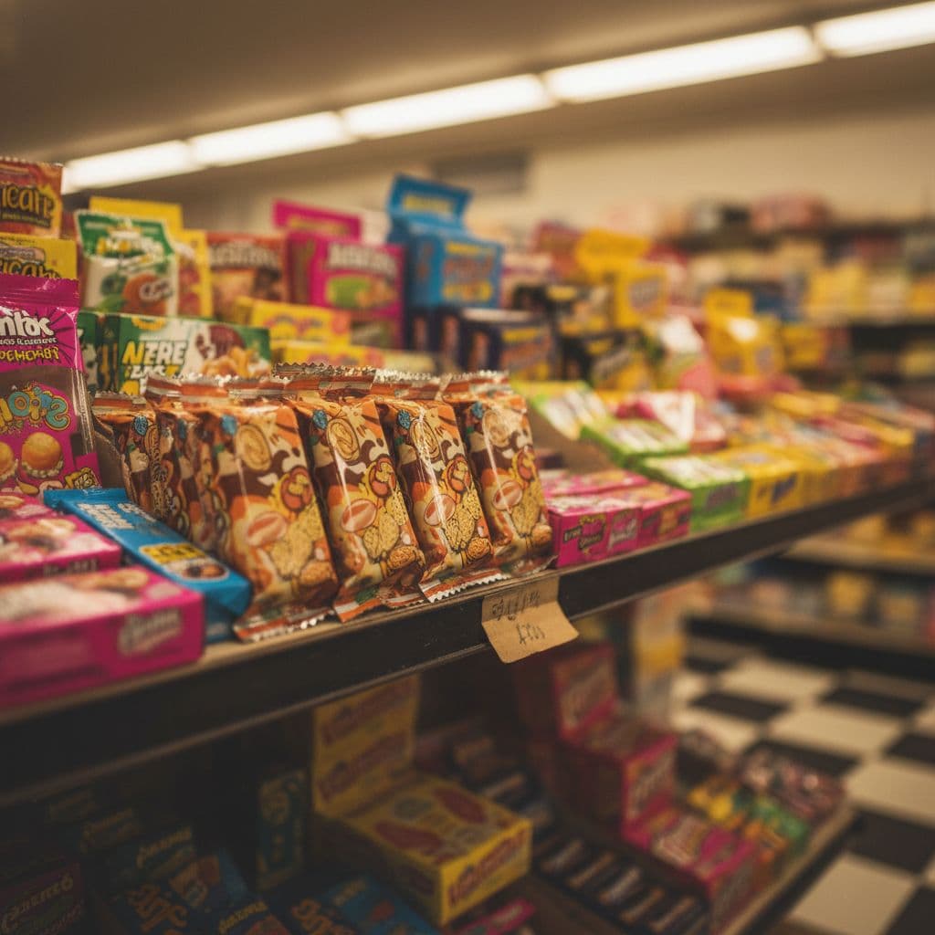 A warm, nostalgia-filled store shelf displays rows of colorful peanut butter candy packages and vintage wrappers.