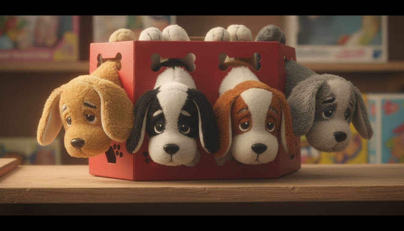 Four 1980s Pound Puppies plush toys hang heads down from red cardboard carrier on wooden store shelf.