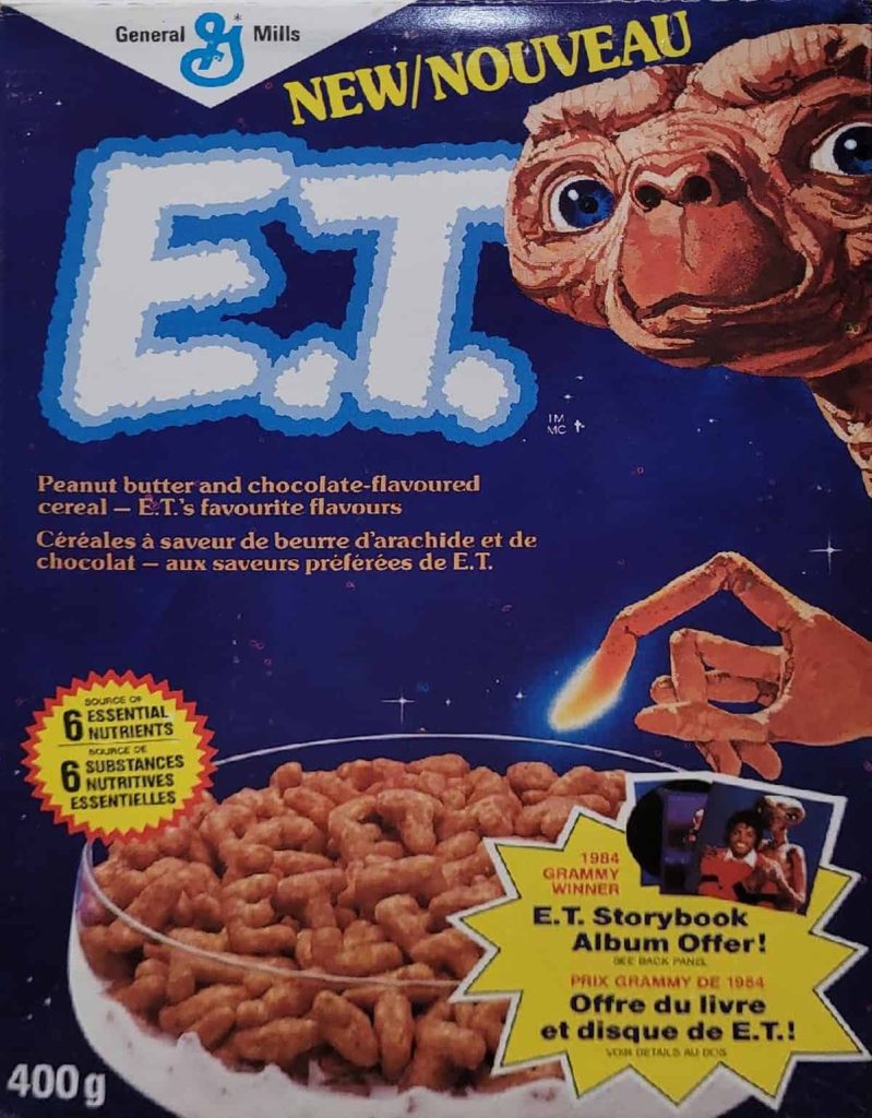 a vintage box of E.T. Cereal from the 80s. a Peanut butter and chocolate flavored cereal