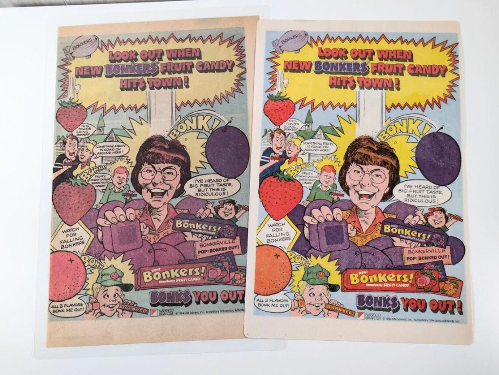 vintage 1980s ad for Bonkers candy fruit chew on Etsy