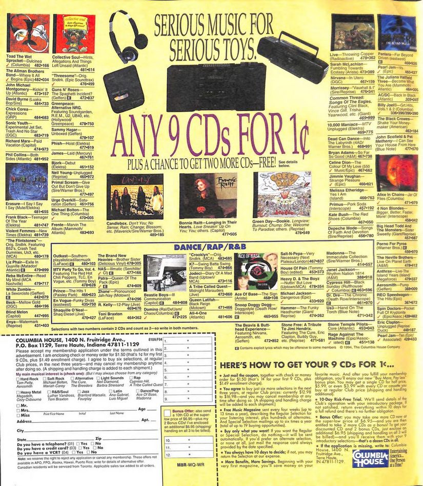 Columbia House 9 cds or 12 cassettes for 1 penny from the 80s vintage ad with mail in form