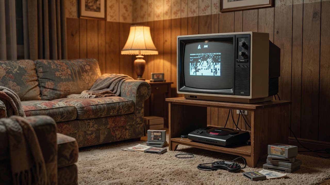 A classic Sega Genesis console rests atop a wooden television stand, wired to a bulky CRT monitor. Warm amber light from a nearby lamp illuminates the cozy, nostalgic retro gaming space.