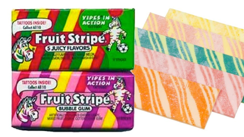 vintage fruit stripe gum in different flavors with tattoos inside