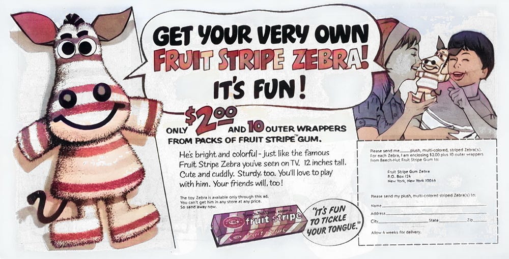 vintage fruit strip gum zebra toy ad from the 80s