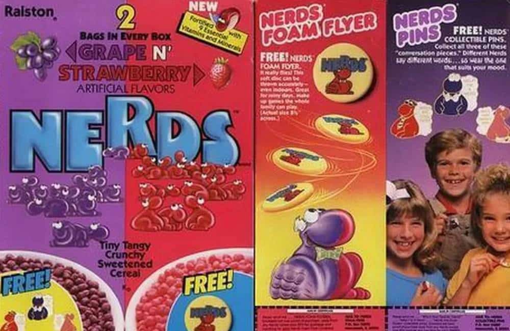 grape and strawberry nerds cereal from the 1980s with a nerds foam flyer toy inside