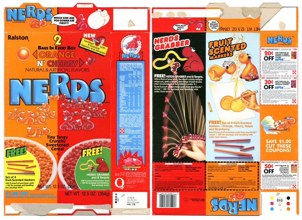 orange and cherry nerds cereal box from the 1980s plus coupons on the back