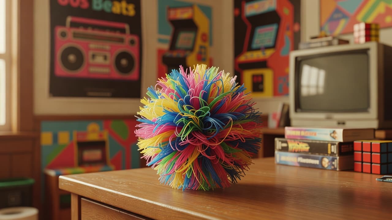 A vibrant, spiky rubber Koosh ball sits centrally on a polished wooden desk surface. In the background, a soft-focus bedroom displays vintage eighties decor, colorful wall posters, and warm ambient lighting.