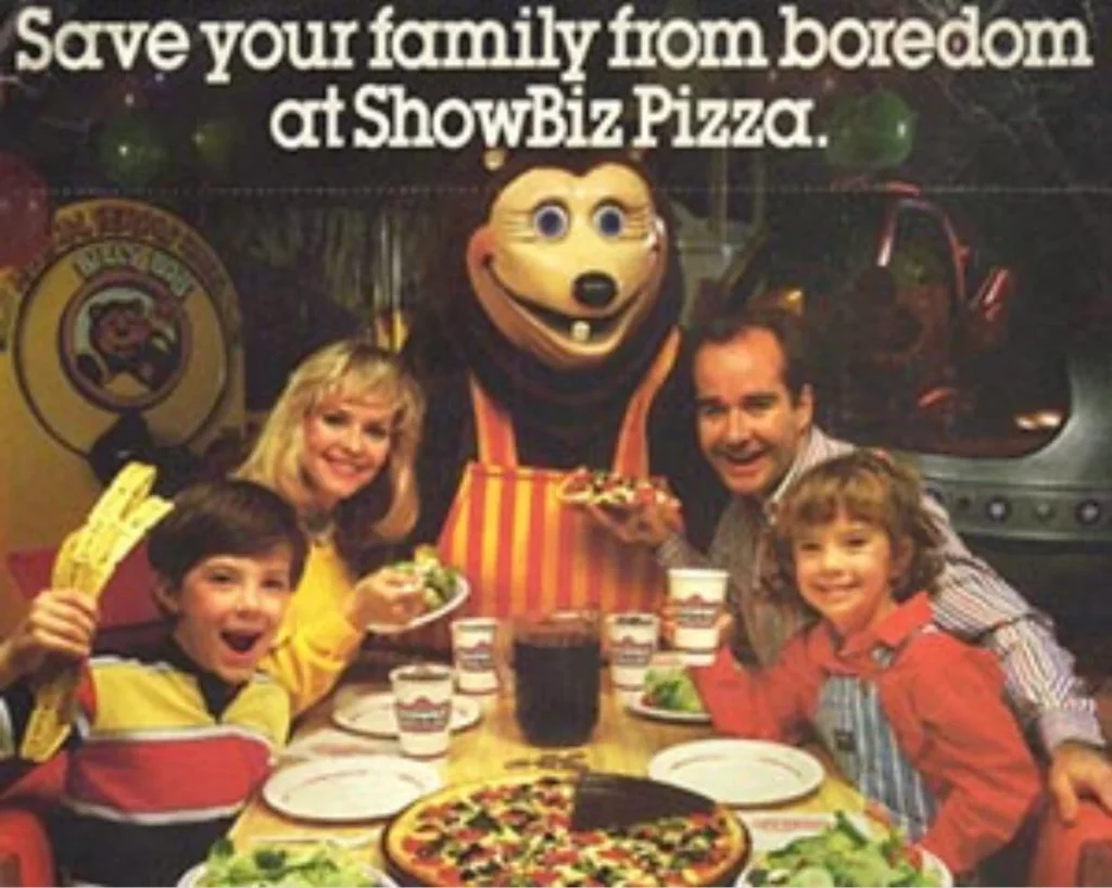 ShowBiz Pizza Place vintage magazine ad from the 1980s