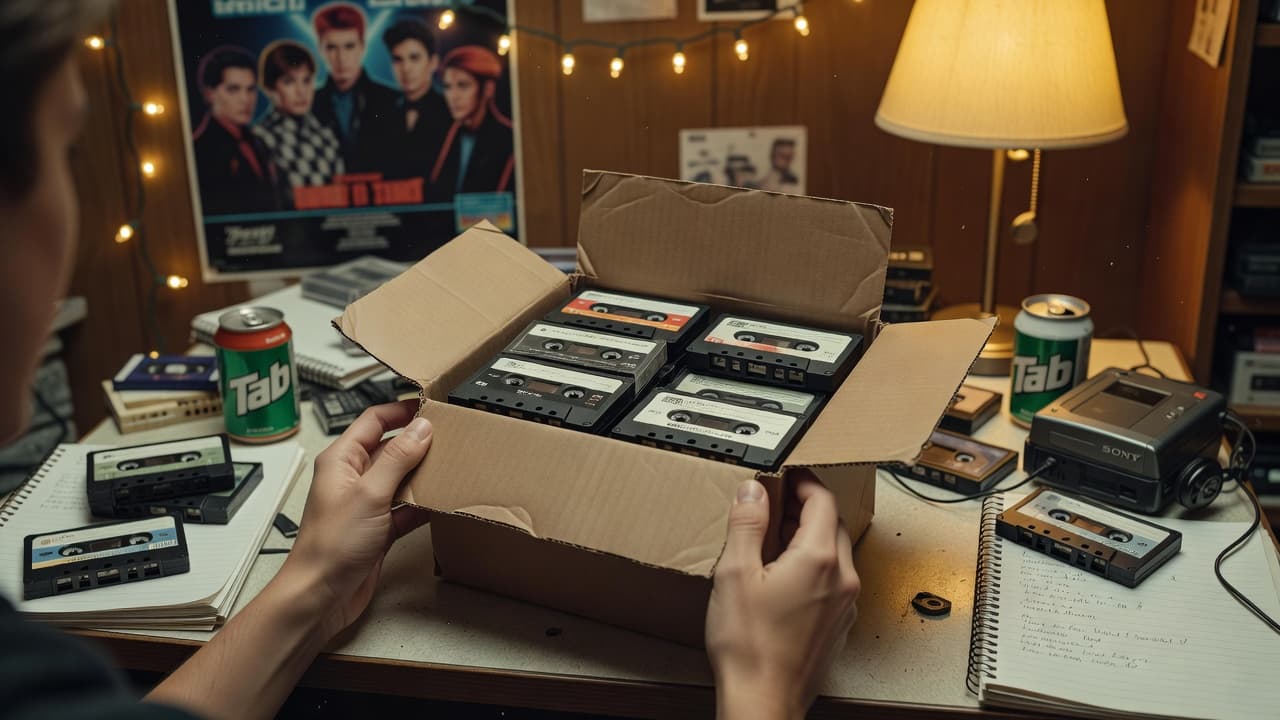 A pair of hands pulls several blank plastic cassette tapes from a cardboard mailer on a cluttered bedroom desk. Soft, warm ambient light illuminates the nostalgic music collection and scattered personal belongings.