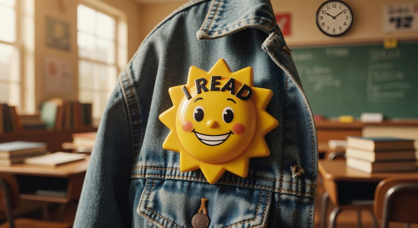 A classic plastic pin featuring a cheerful cartoon sun icon pinned to a rugged denim jacket. The blurry backdrop suggests a nostalgic elementary school classroom illuminated by soft, warm golden sunlight.