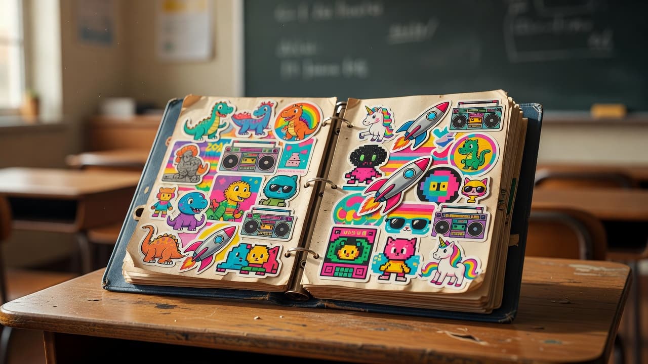 An open vintage binder rests on a polished wooden desk, displaying a vibrant array of assorted stickers across its interior. Soft morning light creates a warm atmosphere against the blurred classroom background.