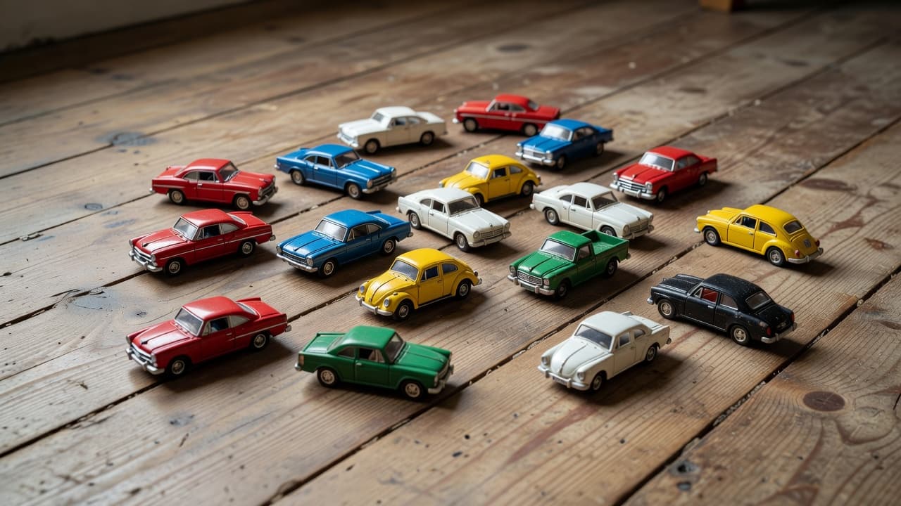 A top-down view shows several small, brightly colored plastic toy cars resting on a grained wooden floor. The miniature vehicles are scattered in a playful arrangement under soft morning light.