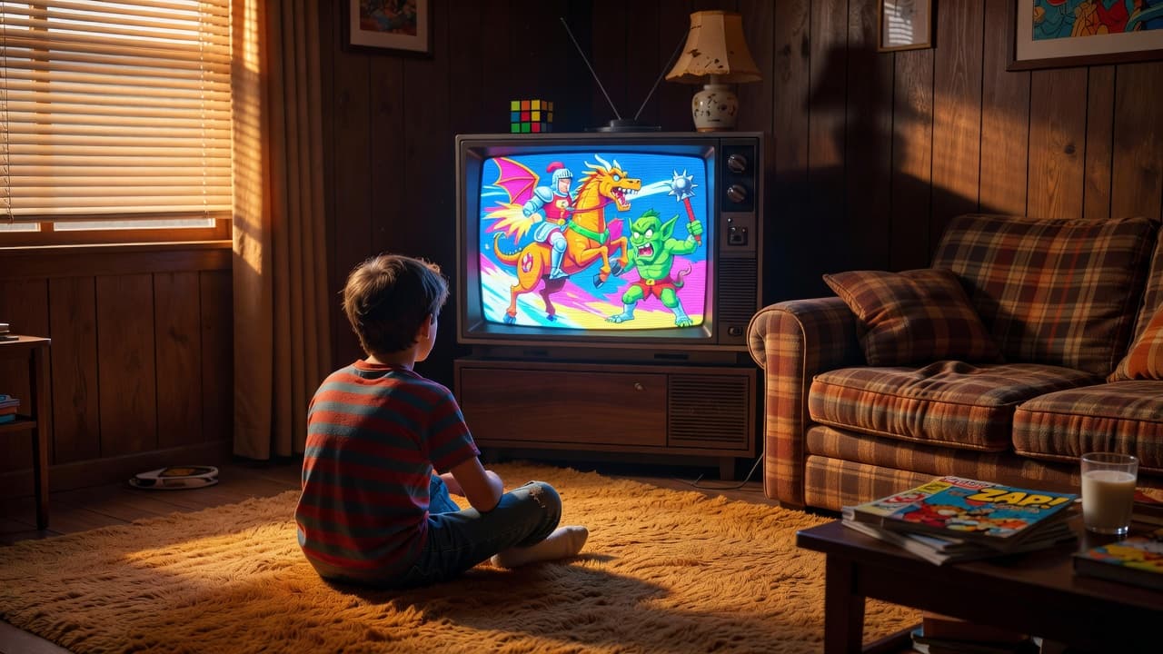 A child sits on a shag rug watching a glowing retro television in a sunlit living room.