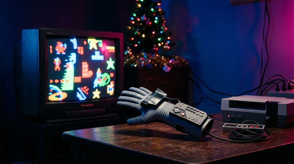 A gray Nintendo Power Glove on a dark table next to an NES and a glowing CRT television.