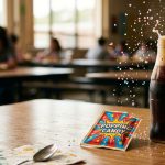 A packet of colorful popping candy next to a fizzing glass bottle of cola on a table.