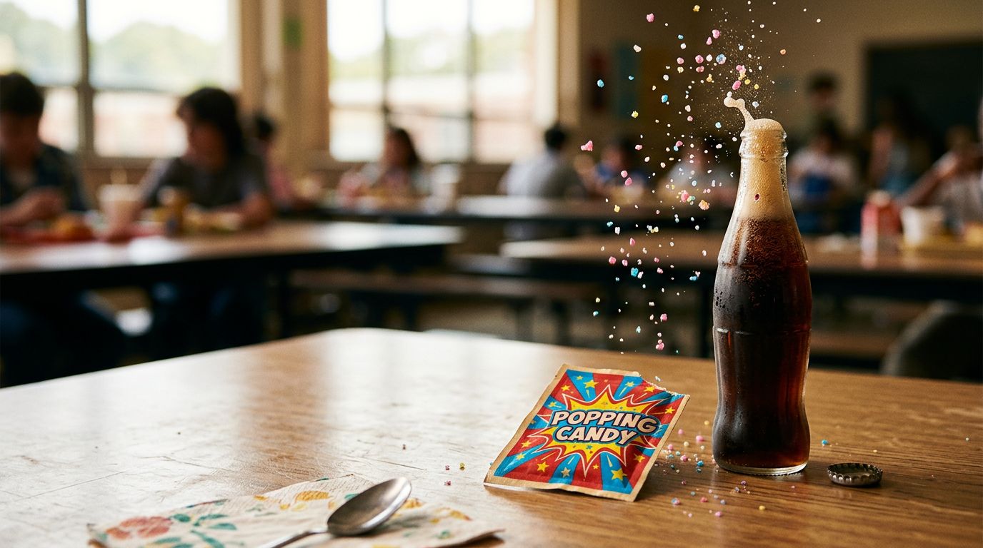 A packet of colorful popping candy next to a fizzing glass bottle of cola on a table.