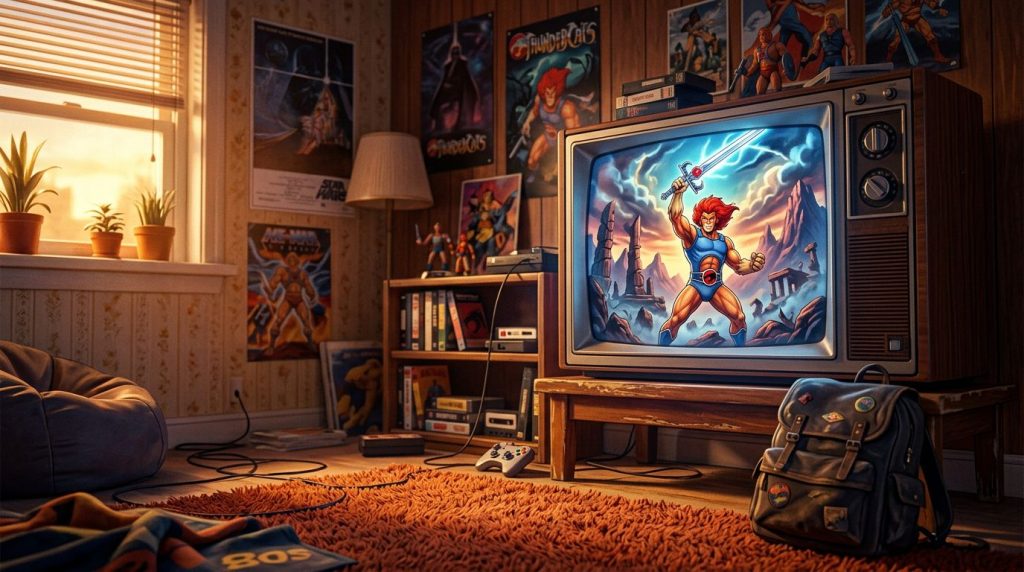 An old television glows with a cartoon warrior scene inside a cozy retro room.
