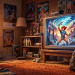 An old television glows with a cartoon warrior scene inside a cozy retro room.