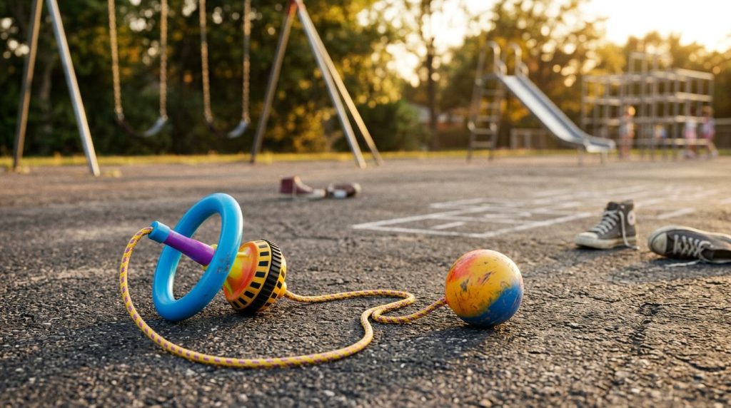 A colorful plastic Skip-It toy on asphalt during golden afternoon recess.