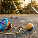 A colorful plastic Skip-It toy on asphalt during golden afternoon recess.