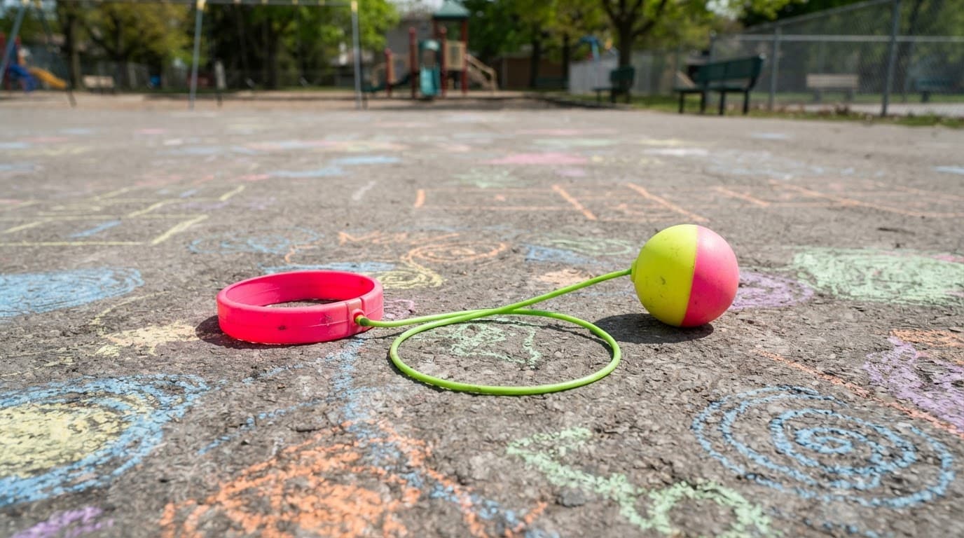 A neon pink and green Skip It on asphalt next to colorful chalk drawings.