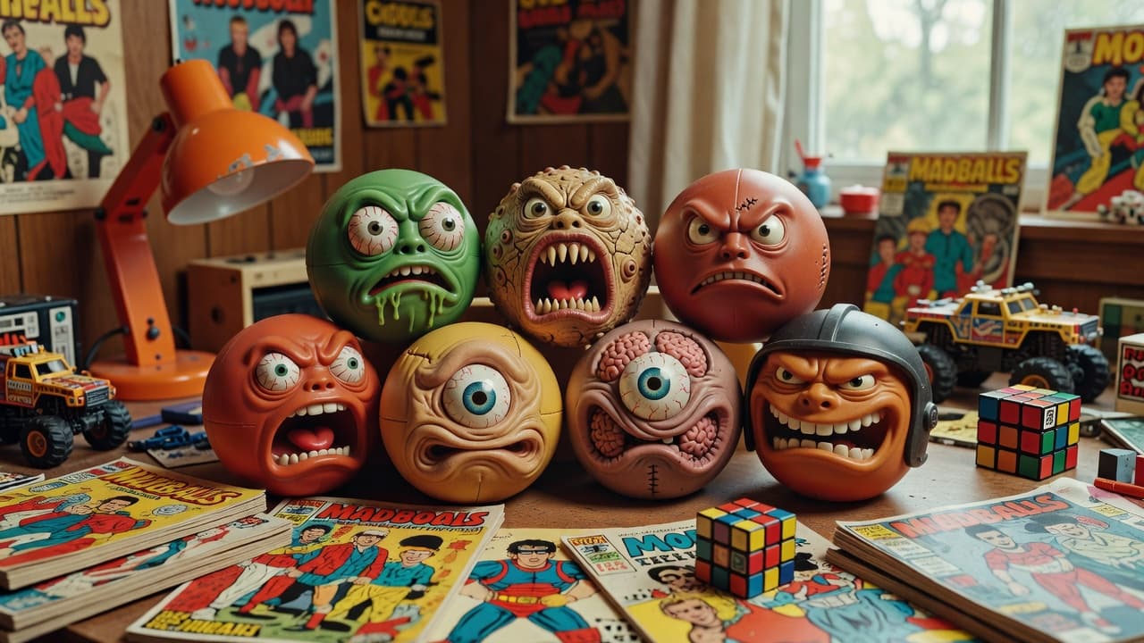 Distorted rubber monster toys sitting on a colorful retro desk by a window.
