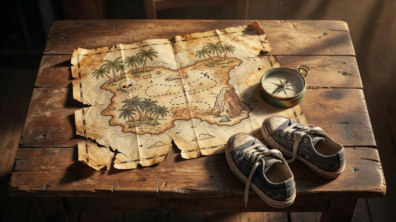 An old treasure map, a vintage compass, and worn sneakers sit on a wooden table.