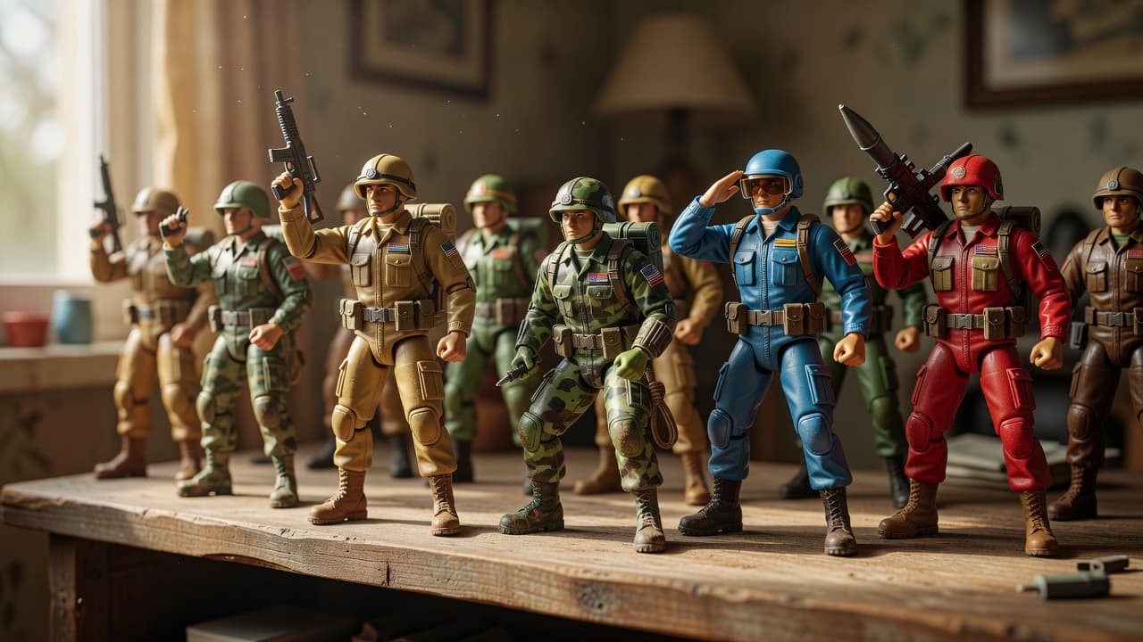 A set of vintage G.I. Joe toys action figures lined up on a wooden display shelf.