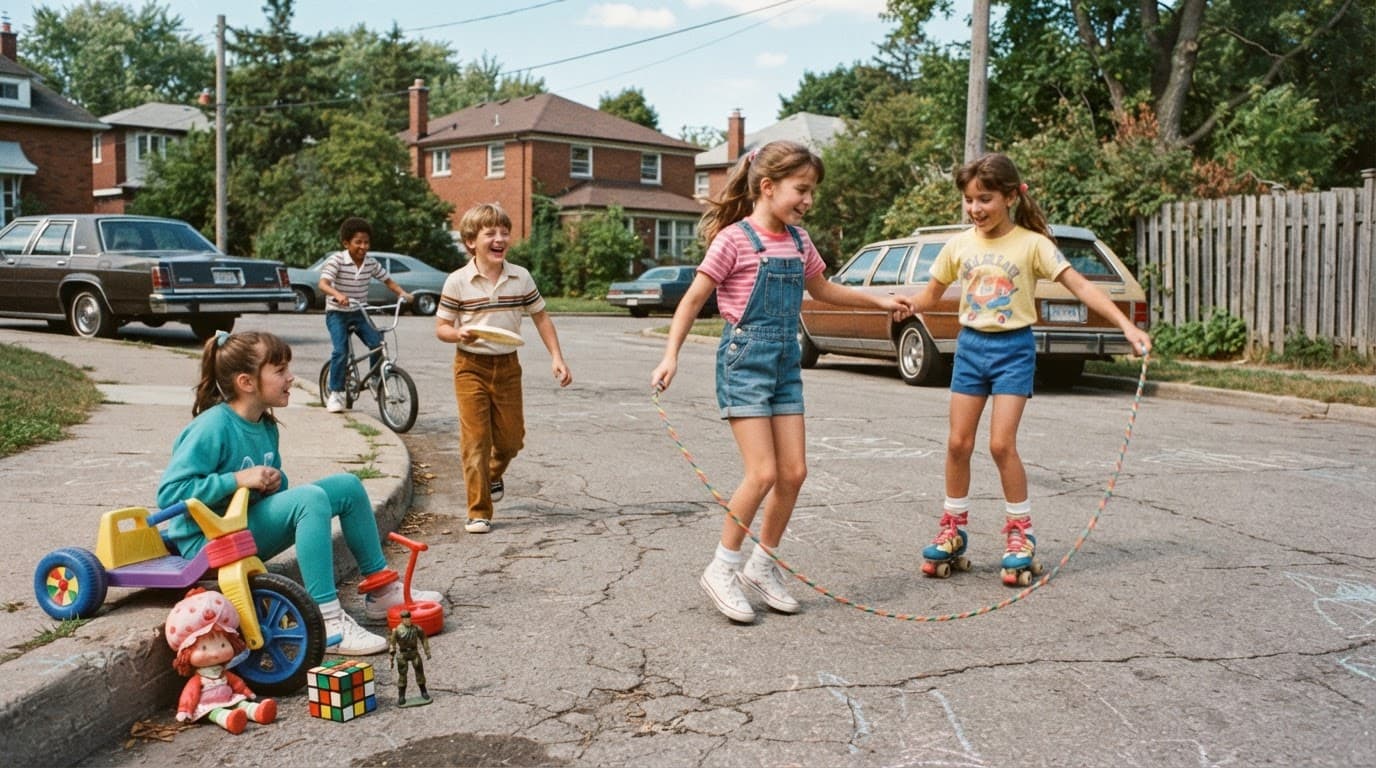 Children playing with retro toys and a jump rope outdoors in the sunlight.