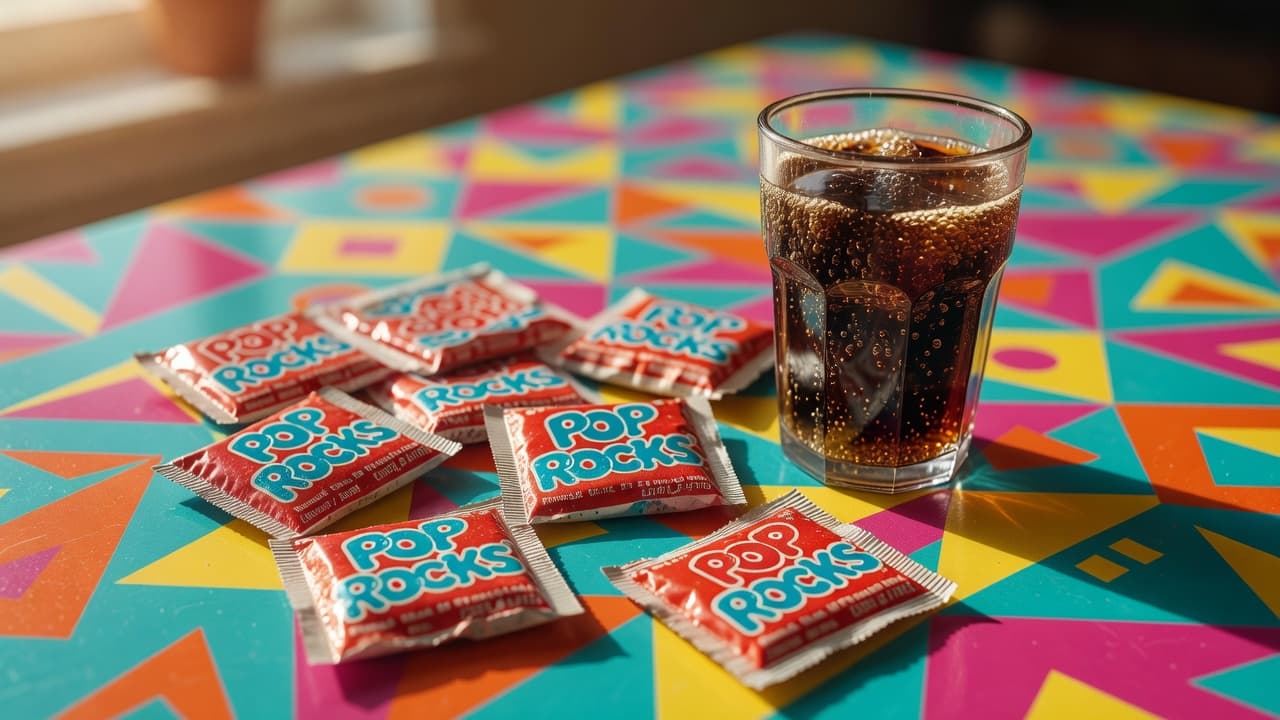 Vintage Pop Rocks packets and a glass of fizzy soda on a retro colorful table.