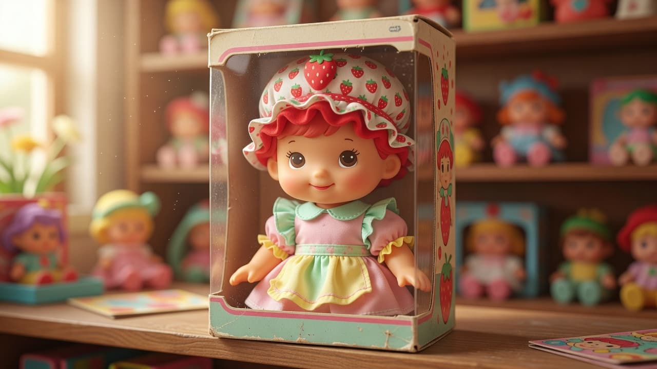 A vintage 1980s doll in a berry bonnet displayed inside its original weathered packaging.