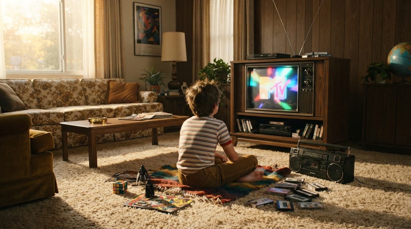 A child watches a CRT television from a shag carpet beside cassette tapes and a boombox.